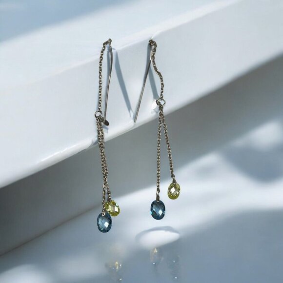 Sterling Silver Chain Drop Earrings With Blue & Green Crystal Accents - Picture 1 of 9